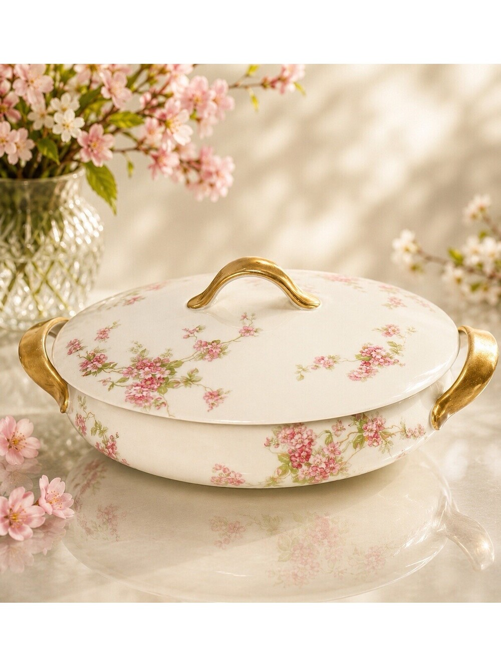 O&EG Royal Austria 1900s Pink Floral Porcelain Covered Vegetable Bowl, 9x7x2.5”